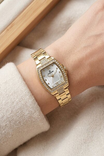 Daniel Klein Altın Sarı Gold Kavisli Dikdörtgen Model Taşlı Premium Kadın Kol...