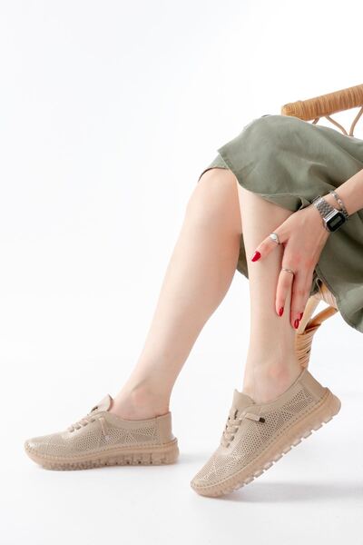 Zerenyus Zri̇n-365 Beige Patterned Genuine Leather Full Orthopedic Comfort Sports Ballet Shoes