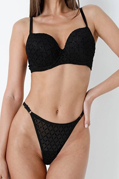 LİBELLA İÇ GİYİM Women's Black Mesh Detailed Square Patterned Push-Up Bra & Thong 2-Piece Lingerie Set
