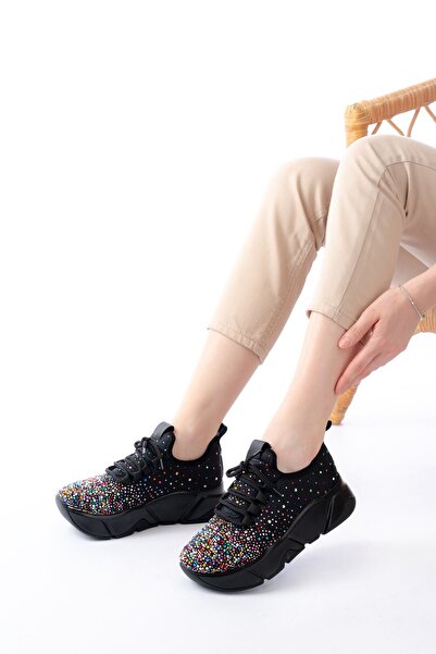 Zerenyus Zri̇n-403 Premium Black Lace-Up Mesh Multi Stone Women's Sneaker