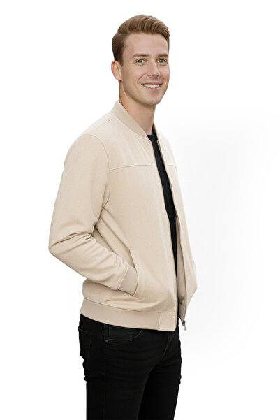 DeepSEA Men's Beige Slim Fit Stretch Fabric Zippered Suede Jacket – Transitional Slim Premium Coat 2504334