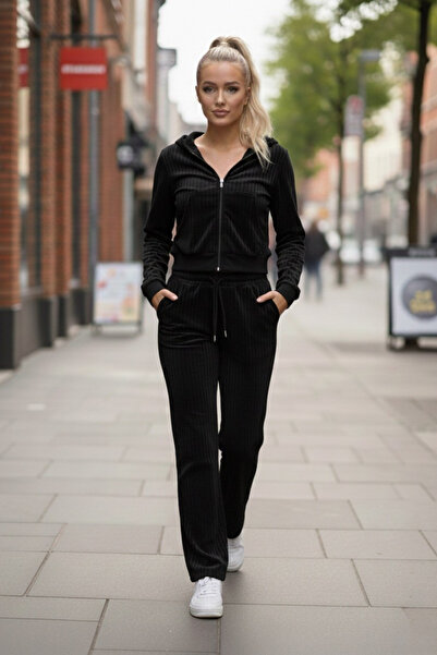 Le'sluette shadow of style Women's Black Velvet Zipper Detailed Elastic Waist Top and Bottom Two-Piece Set