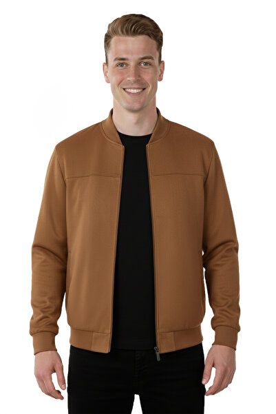 DeepSEA Men's Brown Slim Fit Stretch Fabric Zipper Suede Jacket – Transitional Slim Premium Coat 2504334