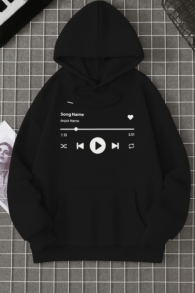 CLASSY.MODA 3 Thread Kangaroo Pocket Music Player Printed Hooded Sweatshirt Casual Oversized