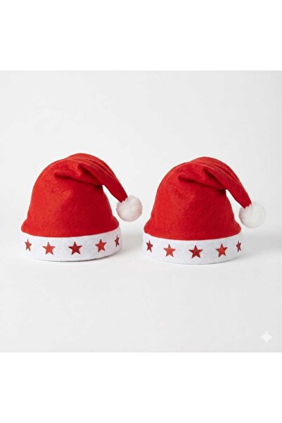 Nobrand 2'li Set Sevgili Kombini - Işıklı Kırmızı Yıldız Desenli Lüks Peluş Yılbaşı ve Noel Baba Şapkası