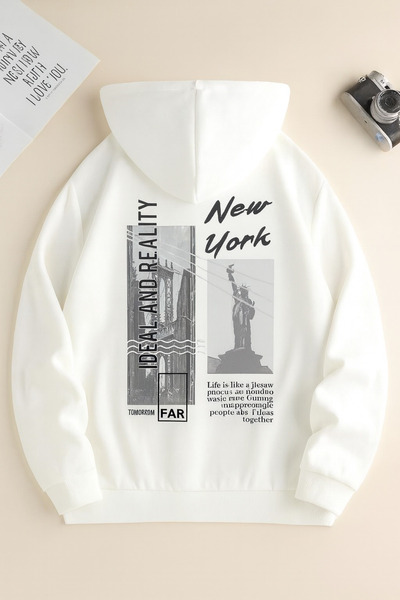 CLASSY.MODA “3 Yarn K Hooded Kangaroo Pocket New York B Printed O Oversized Sweatshirt”