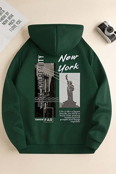 CLASSY.MODA “3 Yarn K Hooded Kangaroo Pocket New York B Printed O Oversized Sweatshirt”