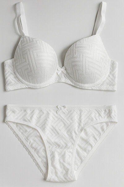 LİBELLA İÇ GİYİM Γυναικείο Σετ εσωρούχων 2 τεμαχίων με λευκό μοτίβο με υφή Push-Up σουτιέν και εσώρουχα
