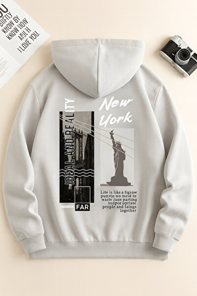CLASSY.MODA “3 Yarn K Hooded Kangaroo Pocket New York B Printed O Oversized Sweatshirt”