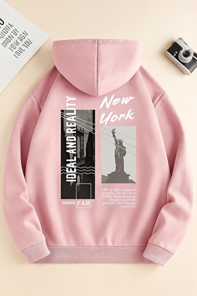 CLASSY.MODA “3 Yarn K Hooded Kangaroo Pocket New York B Printed O Oversized Sweatshirt”