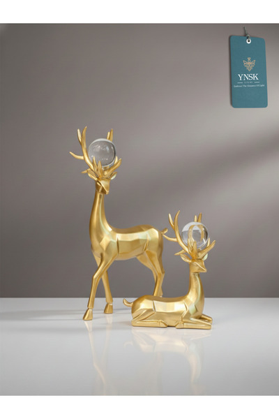 YNSK Luxury | Forest | Lüks 2'lİ Gold Boynuz Geyik Kristal Küre Detaylı Dekor Obje