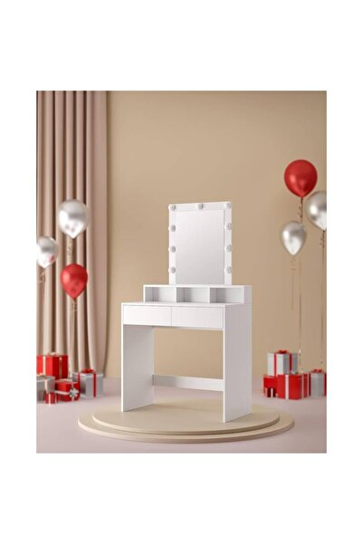 VASAGLE Dressing Table with Mirror and Bulbs, 2 Drawers and 3 Open Compartments, 40x80x145 cm, White