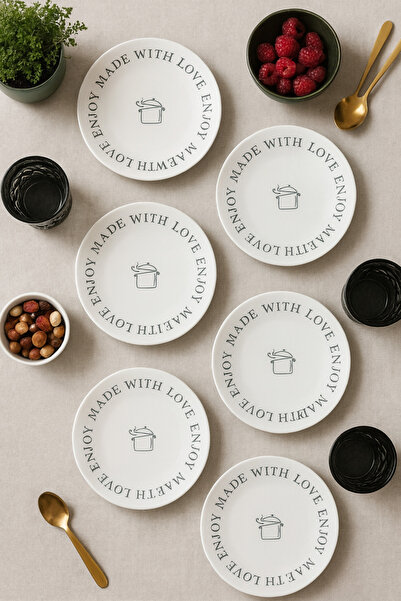 grandora Made with Love Enjoy Patterned 20 cm Cake Plate (Set of 6) |   White Dessert, Cake, Breakfast Plate