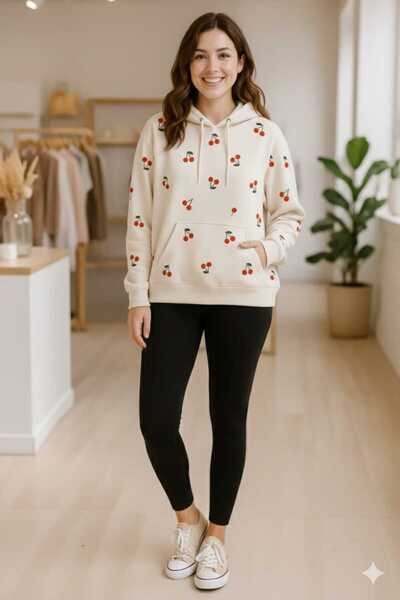 LiyAdaCo oversized Γυναικείο Cherry με τύπωμα με κουκούλα Μπεζ φούτερ-κουκούλα