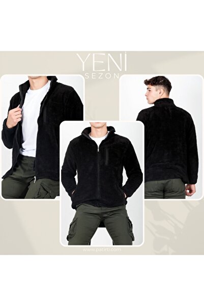 aryam butik Palton negru pentru bărbați guler ridicat din pluș cu fermoar în față