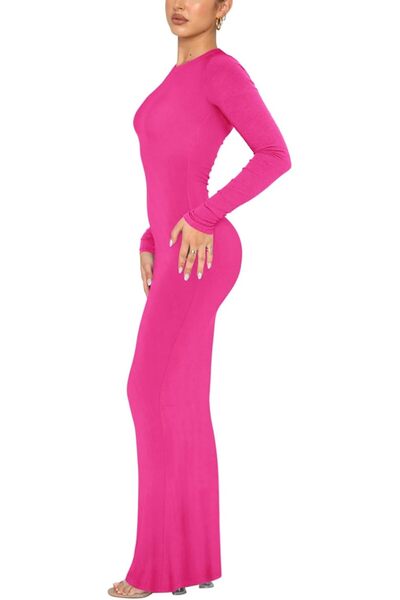 REORIA Women's Long Sleeve Ribbed Bodycon Maxi Dress Pink XS