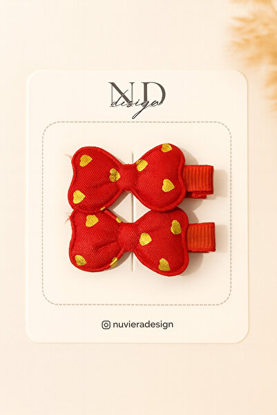Nuviera Design Kırmızı Kalpli Fiyonk Saç Klipsi – 2’li Set