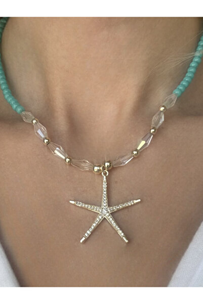 BİJUKO TAKI Stilinizi Parlatın قلادة بسلسلة من الخرز الفيروزي والشفاف، مع قلا...