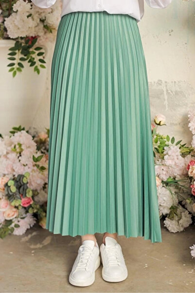 DoQuN Elegant And Modern Pleated Shiny Crepe Hidden Elastic Mint Skirt