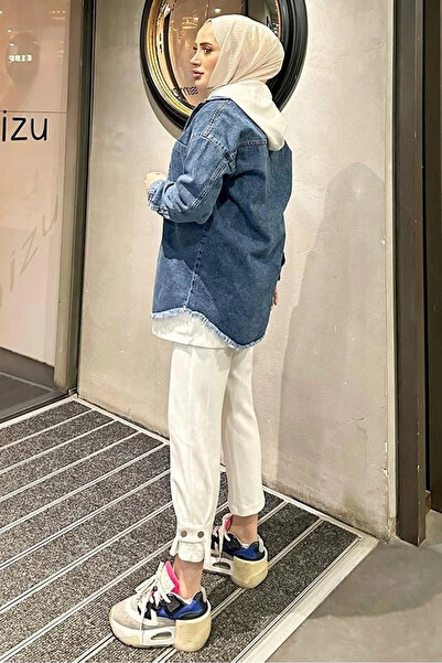 DoQuN Dark Blue Snow Wash Tassel Detail Denim Jacket Oversize