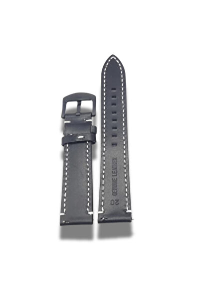 OEM Black Cowhide Leather Watch Strap on Both Sides White Stitching Black Buckle Width 20 mm
