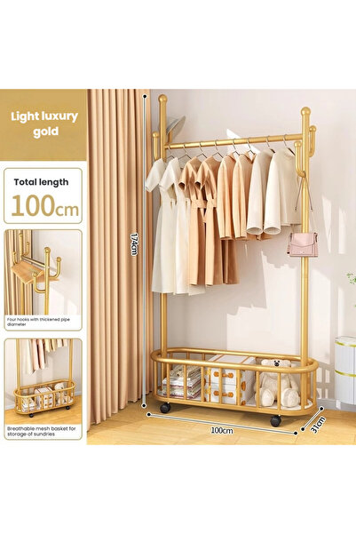 POWER Double-rod clothes rack, metal hangers with storage baskets, multifunctional clothes hanger(100CM)