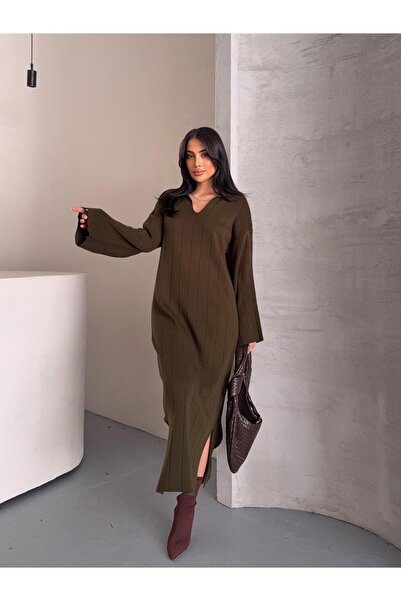 Lovely butik Long Polo V-Neck Ribbed Slit Detail Winter Knit Dress