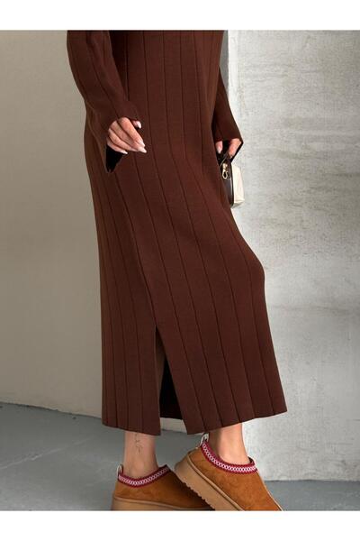 Lovely butik Long Polo V-Neck Ribbed Slit Detail Winter Knit Dress