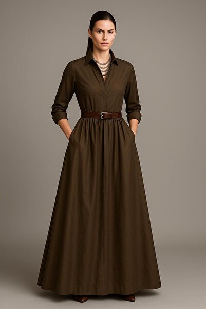 ALYEL NAKER فستان قميص طويل الأكمام وطويل بتصميم منسوج باللون الكاكي