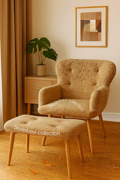 BEYLERBEYİ Tekli koltuk, ayak uzatmalı puf hediyeli, kahverengi peluş kumaş çay seti koltuk takımı,tekli berjer