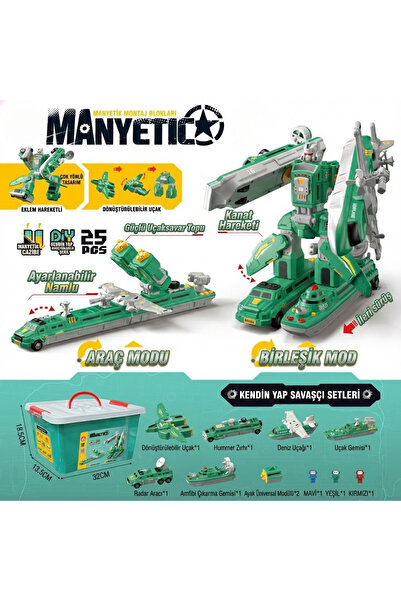 craftivio Manyetik Dönüşen Robot Blok Seti - 25 Parça Saklama Kutulu Eğitici Askeri Araçlar Oyuncak