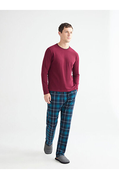 LC Waikiki Мъжки пижамни панталони с петролен стандартен шотландски кариран д...