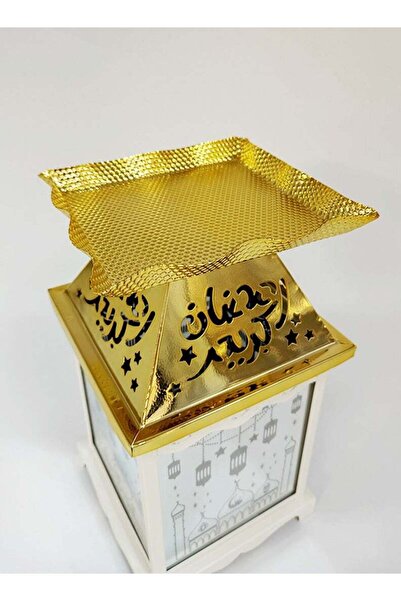 Generic Ramadan Lantern Glass with Gold Steel Touch Islamic Decoration and Serving Plate, White/Gold