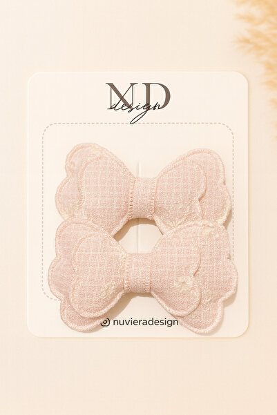 Nuviera Design Pudra Mini Çiçek Dokulu Fiyonk Saç Tokası Klipsli - 2'li Set
