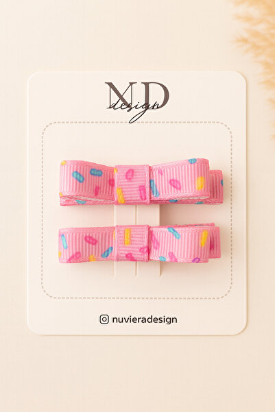 Nuviera Design Renkli Konfeti Desenli Pembe Fiyonk Saç Tokası Klipsli - 2'li Set