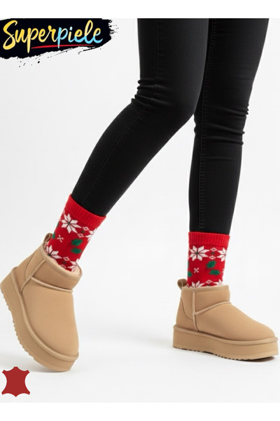 virboti Women's short fur-lined boots, genuine suede, waterproof, with thick sole