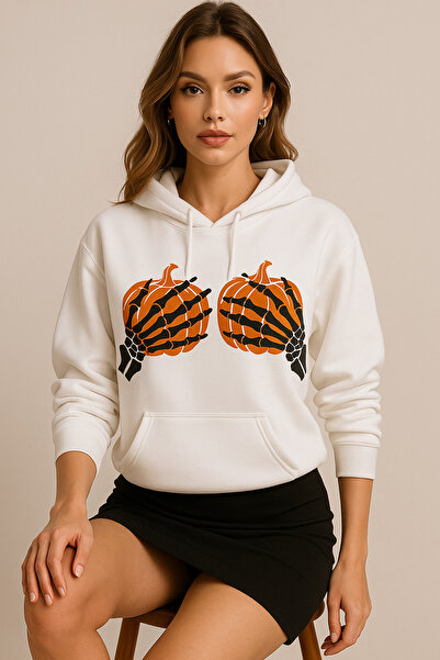 ocke هوديي نسائي أبيض اللون مطبوع قصة فضفاضة – تصميم هالوين سكيليت إل