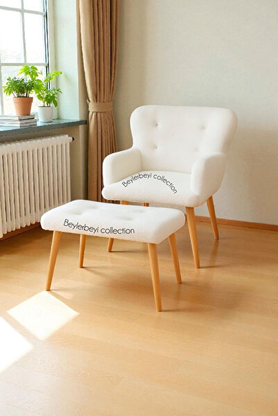 BEYLERBEYİ Tekli koltuk, ayak uzatmalı puf hediyeli, kar beyazı peluş kumaş çay seti koltuk takımı,tekli berjer