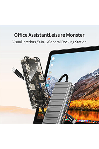 AWEI HUB-3 9-in-1 Docking Station, 4K@30Hz HDMI, VGA, USB3.0, RJ45, SD/TF, Gray