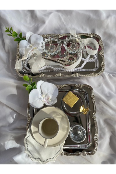 Z&B FLOWERS Söz Tepsisi Ayaklı Nişan Tepsisi Gümüş Renkli Tepsi Damat Kahvesi