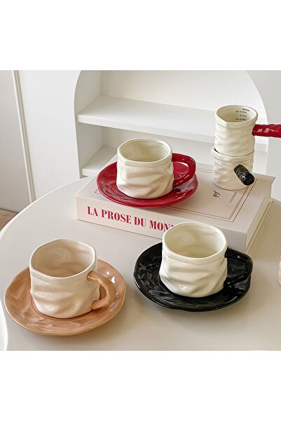 Generic Ceramic coffee cup and saucer + ball-shaped spoon (black)