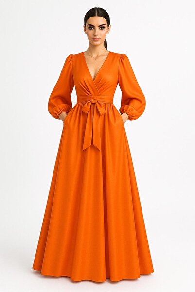 ALYEL NAKER Double-Breasted Maxi Stylish Satin Dress with Closed Neckline & B...