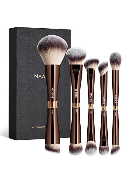 MAANGE مجموعة فرش مكياج فاخرة من 5 قطع بلون القهوة الذهبي مع حقيبة سفر