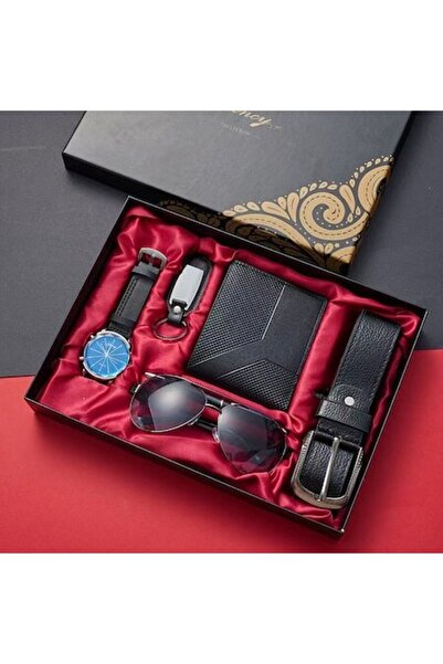 OricareFain Set cadou pentru barbati 6 piese, Ceasuri, ochelari de soare, curele, portofel, pix si breloc, Negru