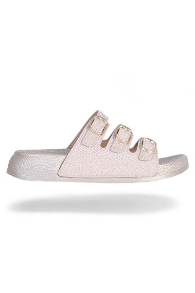 Pienn Γυναικείες φλατ παντόφλες με 3 αγκράφες σε μπεζ γκλίτερ χρώμα