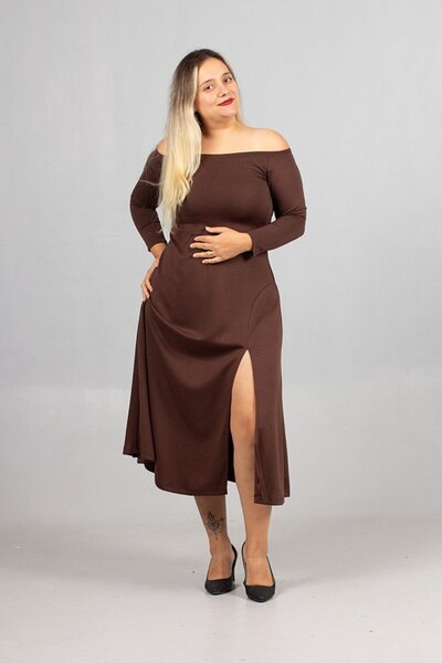 Truva XXL Plus Size Madonna Collar Slit Modal Combed Cotton Dress Brown