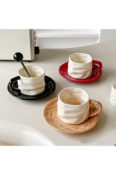 Generic Ceramic coffee cup and saucer with round beaded spoon (milk tea color)