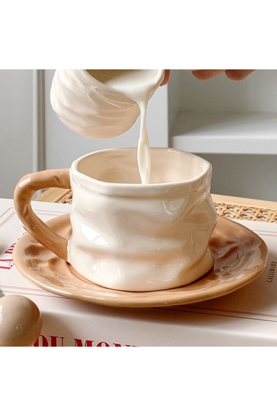 Generic Ceramic coffee cup and saucer with round beaded spoon (milk tea color)