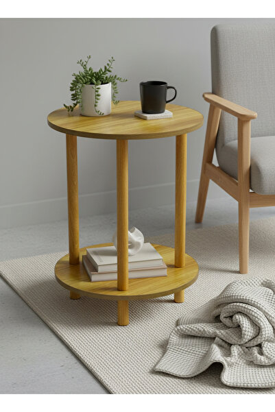 Living طاولة مستديرة خشبية ذات طبقتين باللون البيج