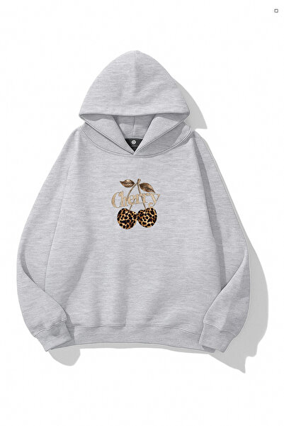 EydaMoon Дамска зимна памучна блуза с качулка и принт на леопард и череши